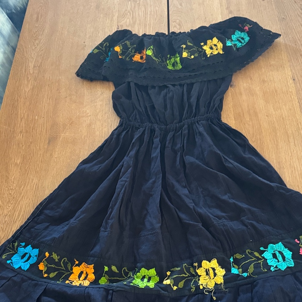 Black Off-Shoulder Dress with Floral Embroidery